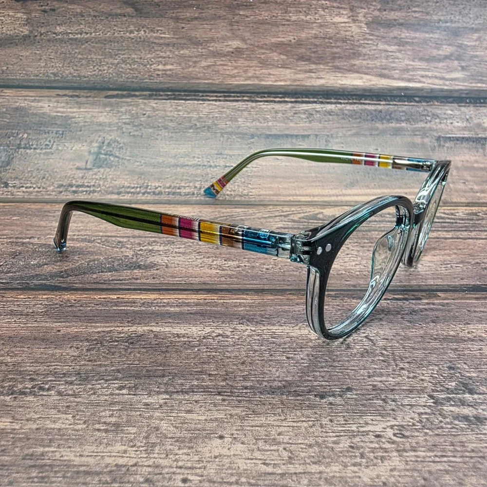 Modern Teagan Teal Crystal Eyeglass Frames 49-18-140 Multi Color Striped Temples